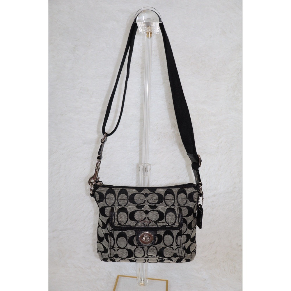 Coach Black Grey Logo Crossbody Bag Turn Lock Zip Closure Outer Pockets With COA